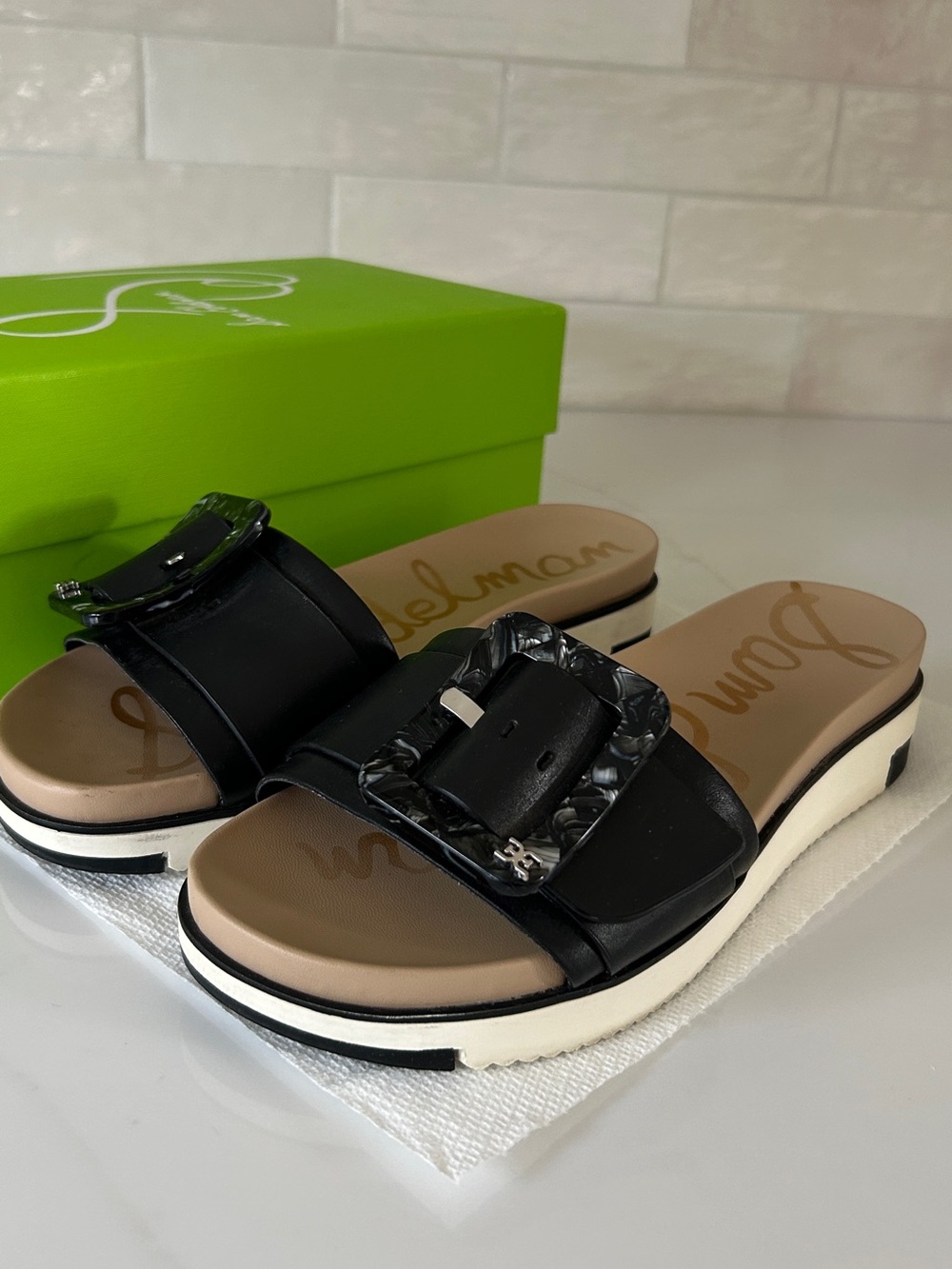 Sam Edelman Ariane Black Slide Sandals with Marbled Buckle